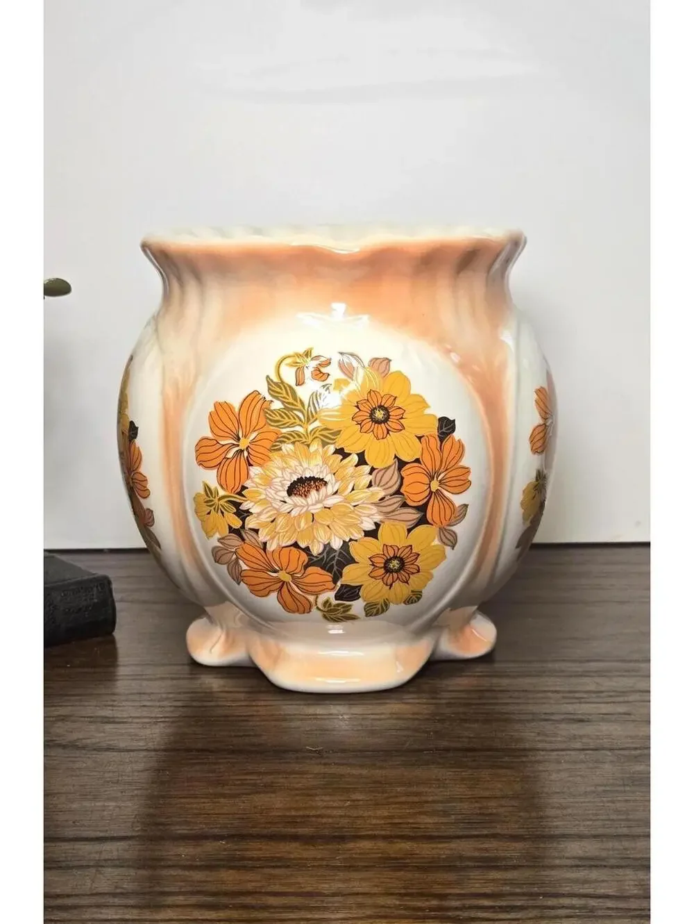 Vintage Handmade Orange and Floral Ceramic Pot Vase